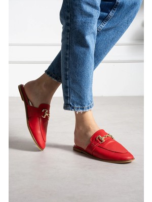 Shoetek Loive Kadın Terlik Önden Tokalı Kırmızı Deri