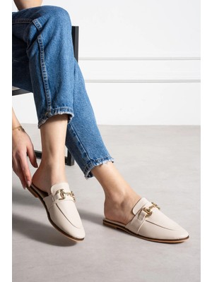 Shoetek Loive Kadın Terlik Önden Tokalı Bej Deri