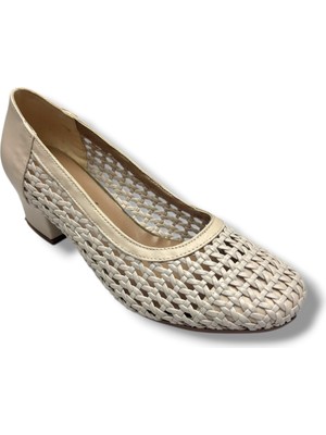 Nur Rose 86016-26 Cilt Deri Örgülü Kalın Topuk Kadın Ayakkabı