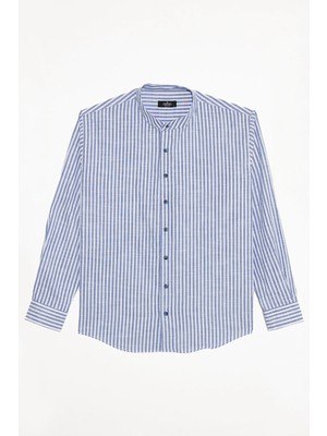 Tudors Erkek Relax Fit Rahat Kesim %100 Pamuk Çizgili Uzun Kollu Keten Efektli Hakim Yaka Lacivert Gömlek