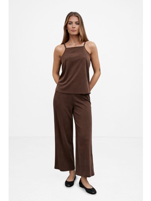 Vena Tina Dökümlü Geniş Paça Yumuşak Dokulu Lyocell Pantolon-Kahverengi