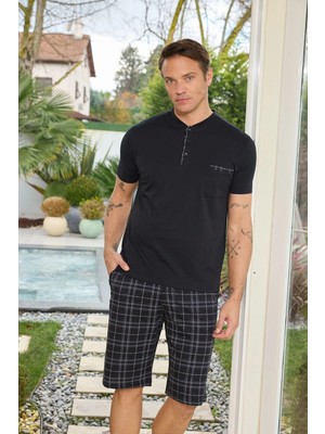 Pijamoni Erkek Penye Kumaş Düğmeli Yaka Koyu Siyah Pijama Takımı