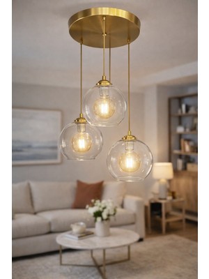 Minimal Synergy Trio Golden Transparent Plafonyer Cam Avize