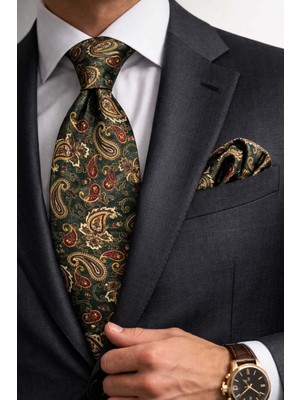 Kravatkolik Yeşil Şal Desen Mendilli Klasik Kravat KK13120