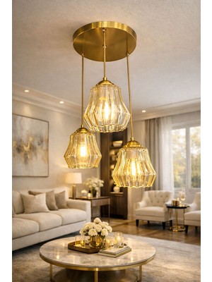 Minimal Elite TRİO Gold Chrome Plafonyer Cam Avize