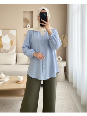 Modamorfo V Yaka Düğmeli Arkası Uzun Gömlek -Bebe Mavi