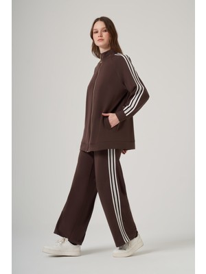 Nuss Fermuarı Taş Detaylı Pantolonlu Takım 1092 Kahverengi