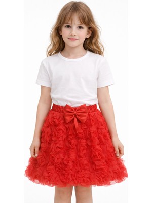 Sibel Günay Butik Kız Çocuk Kırmızı Gül Desenli Kurdele Detaylı Etek - 23 Nisan, 19 Mayıs, 29 Ekim Gösteri Eteği