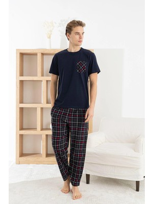 Pijamoni Erkek 3 Parça Ekose Desenli Pamuklu K. Lacivert Pijama Takımı