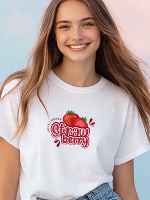 spldizayn Çilek Desenli Pamuklu Bisiklet Yaka Beyaz Kadın Tişört