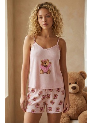 Pijamoni Kadın Ip Askılı Oslo Kumaş Şortlu Pudra Pijama Takımı