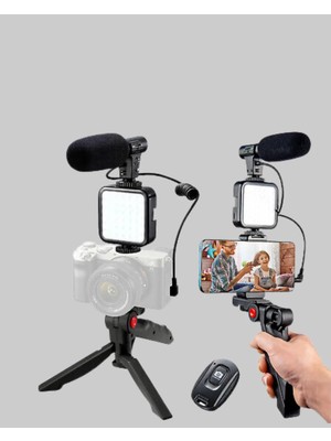 Profesyonel Vlog Çekim Kiti LED Işıklı Tripod Mikrofonlu Telefon Seti Nemere