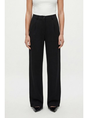 Ritnice Kadın Cedric Poliviskon Düğmeli Arkadan Lastikli Siyah Dokuma Pantolon
