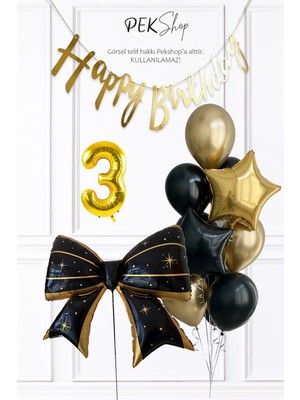 Pekshop Siyah Gold Tema Fiyonk Yıldız Balonlu Bannerlı Doğum Günü Balon Seti