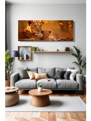 Şehber Duvar Tablosu Panoramik Yatay Kanvas Tekli Salon Mutfak Yatak Odası Ofis ve Dişi Yavru Aslan