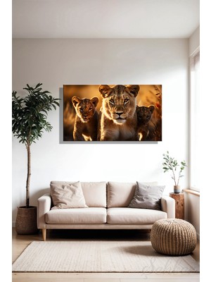 Şehber Kanvas Duvar Tablosu Panoramik Yatay Tekli Salon Mutfak Yatak Odası Ofis Dişi Aslan ve Yavruları