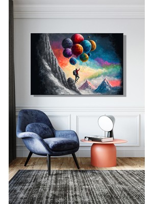 Şehber Duvar Tablosu Yatay Kanvas Tekli Salon Mutfak Yatak Odası Ofis Gezegen Balonlar Ile Uçan Adam