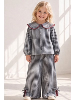 Monila Kız Çocuk Pamuklu Kareli Desenli Biye Detaylı Gömlek Pantolon Takım - Rahat Kesim
