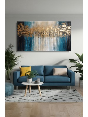 Şehber Panoramik Yatay Kanvas Tablo Tekli Salon Mutfak Yatak Odası Ofis 3D Gold Efekt Soyut Manzara