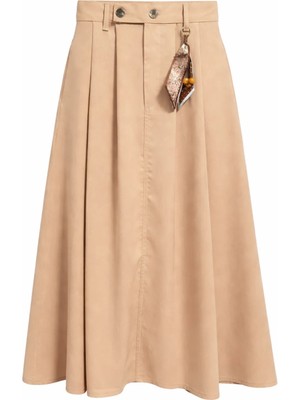 Mixray 4805 Kadın Yüksek Bel A Kesim Midi Aksesuar Detay Etek Toprak