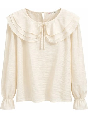 Mixray 4861 Kadın Yakası Volanlı Bağlamalı Dökümlü Bluz Naturel