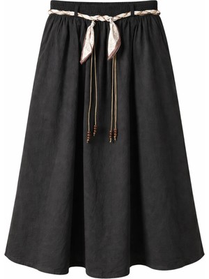 Mixray 4887 Kadın Fular Detaylı Beli Lastikli Midi Boy Etek Siyah