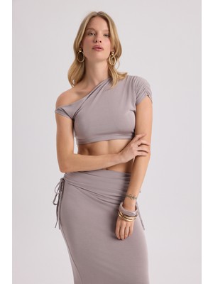 Mai Ivan Büzgülü Lila Crop Etek Takım