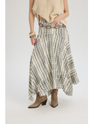 Mai Peigi Çizgili Parçalı Siyah Midi Etek