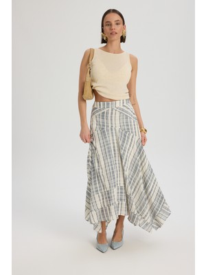 Mai Peigi Çizgili Parçalı İndigo Midi Etek