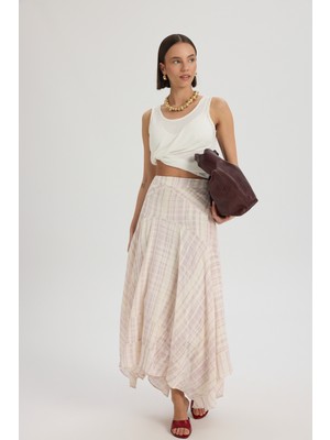 Mai Peigi Çizgili Parçalı Lila Midi Etek