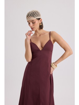 Mai Onella Askılı Bordo Uzun Elbise