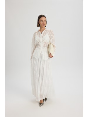 Mai Tanoa Çizgi Desen Ekru Uzun Etek