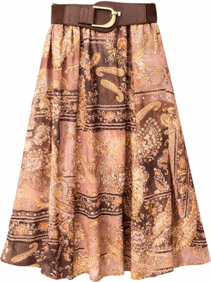 Mixray 4872 Kadın Kemerli Şal Desenli Midi Etek Kahve