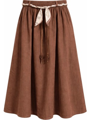 Mixray 4887 Kadın Fular Detaylı Beli Lastikli Midi Boy Etek Kahve