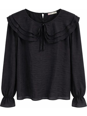 Mixray 4861 Kadın Yakası Volanlı Bağlamalı Dökümlü Bluz Siyah
