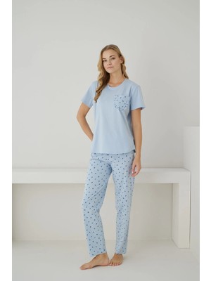 Pijamoni Kadın Süprem Kumaş Düğmeli Yaka Kısa Kollu Mavi Pijama Takımı