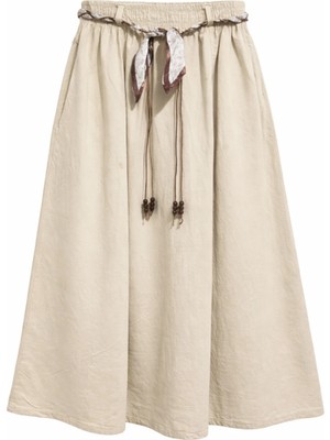 Mixray 4887 Kadın Fular Detaylı Beli Lastikli Midi Boy Etek Taş