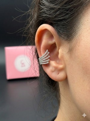 Alsem Gümüş Kanat Işlemeli Kıkırdak Küpe , 5 Sıralı Kristal Earcuff Küpe , Gold Sıkıştırmalı Modern Küpe