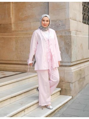 Bağlama Detaylı Şifon Görünümlü Tesettür Takım – Astarlı Rahat Kalıp Yazlık Kombin
