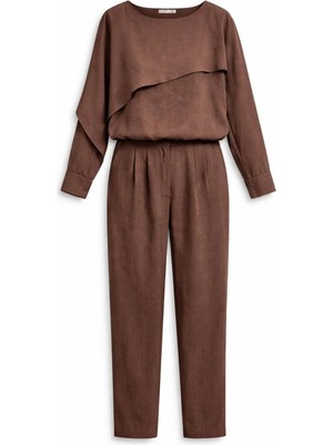 Mixray 4836 Kadın Asimetrik Detaylı Bluz Pantolon Ikili Takım Kahve