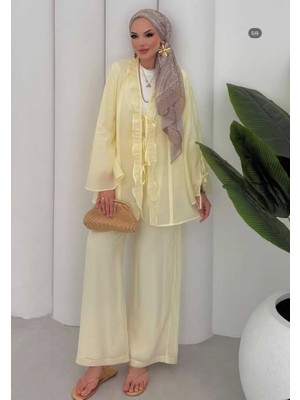 Bağlama Detaylı Şifon Görünümlü Tesettür Takım – Astarlı Rahat Kalıp Yazlık Kombin