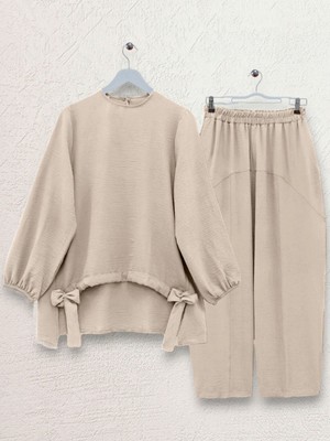 Modamorfo Önden Büzmeli Şalvar Pantolon Ayrobin Salaş Takım   -Bej