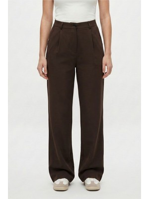 Ritnice Kadın Cedric Poliviskon Düğmeli Arkadan Lastikli Kahverengi Dokuma Pantolon