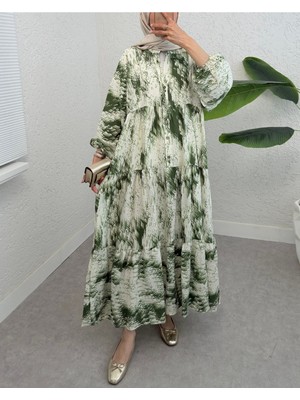 Modamorfo Yarım Düğmeli Karışık Desenli Kolu Lastikli Elbise -Haki