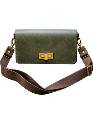 Huggy Craft Hakiki Deri Omuz Çantası Crazy Horse Vintage Haki Yeşil Minimalist El Yapımı Kadın Çanta
