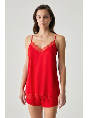 Penye Mood Viskon Saten Dokulu Dantel Detaylı Şortlu Takım