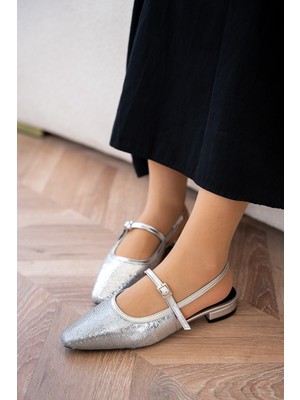 Laminta Elite Payetli Düz Silver Kadın Babet