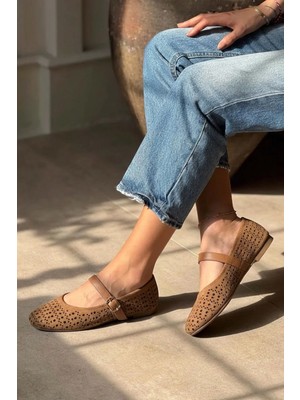 Stilbagshoes Kayla Lazer Baskılı Hakiki Deri Kadın Babet Taba