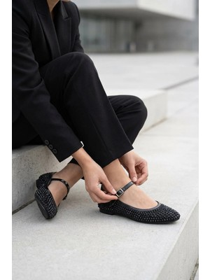 Stilbagshoes Allie File Ithal Taş Detaylı Kadın Babet Siyah