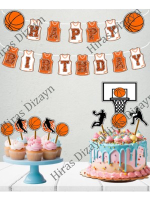 Hiras Dizayn 34 Parça Basketbol Konsept Sporcu Basket Dev Set Doğum Günü Süsü Banner Pasta Kürdanı Cupcake Kürda